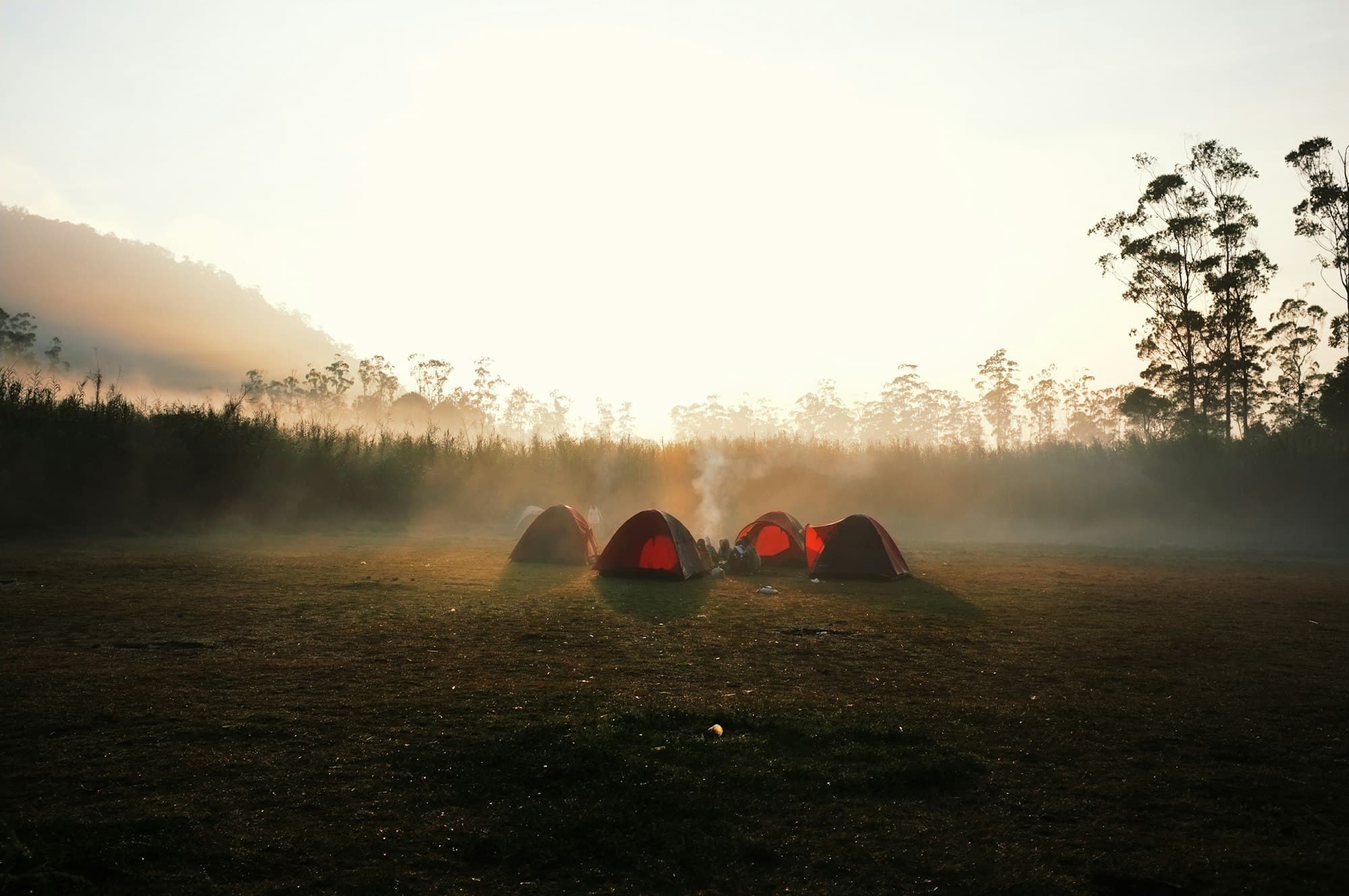 Tents glowing at a misty dawn campsite